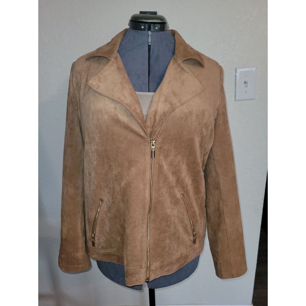 Chico's Faux Suede Moto Jacket Tan Camel Size 2 Large Zip Front Stretch Vegan